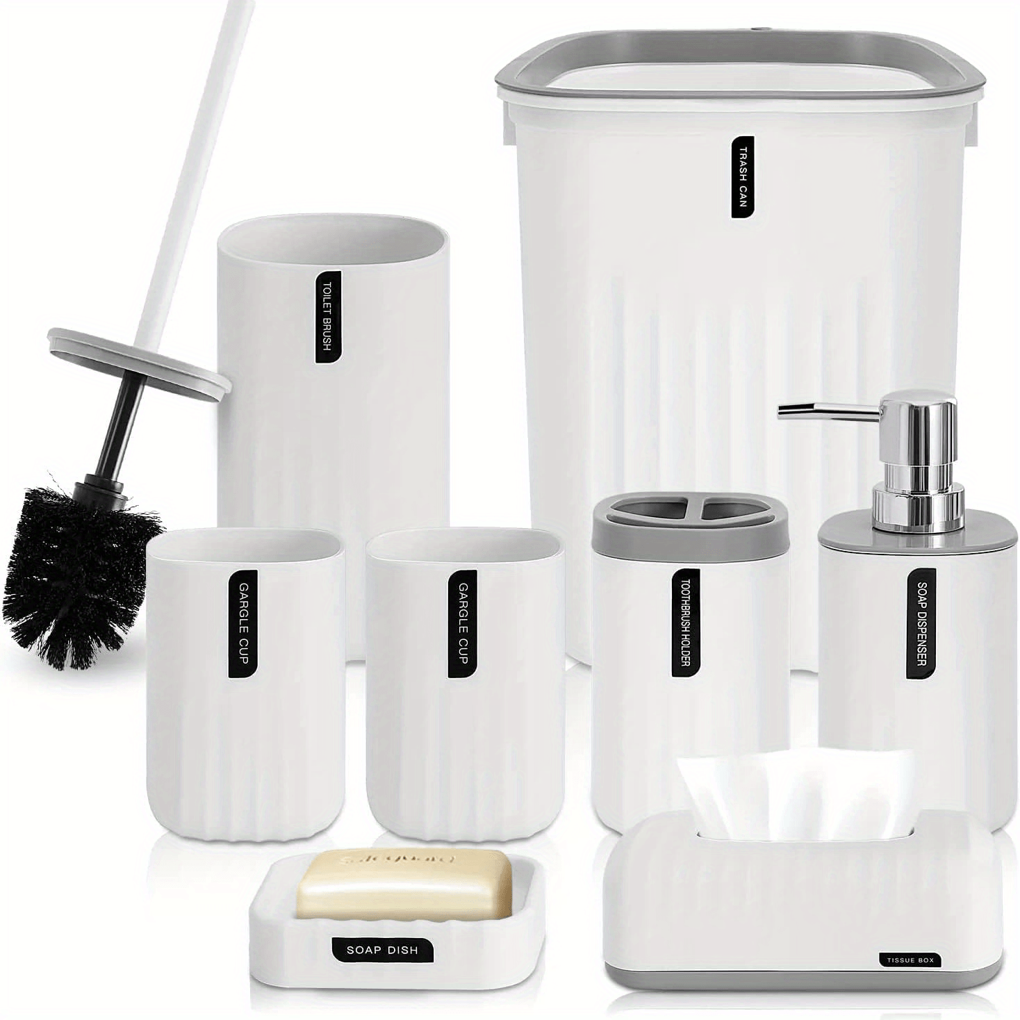 1pc, 7 Bathroom Accessories Set, Bathroom Decor, Plastic & stainless steel  Bath Ensemble Kit with Lotion Dispenser, Toothbrush Holder, Toothbrush Cup,  Soap Dish, Toilet Brush & Holder, Trash Can,Birthday, holiday,  housewarming, Christmas
