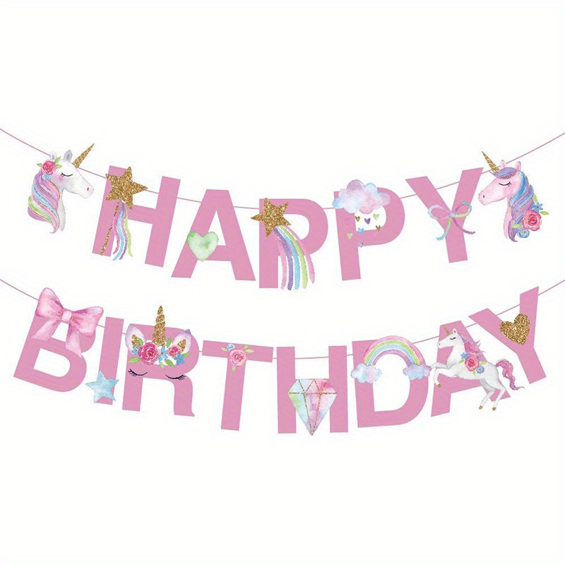 Image of Pink Unicorn Happy Birthday Banner Set - Perfect For Party Decorations & Favors, No Power Needed