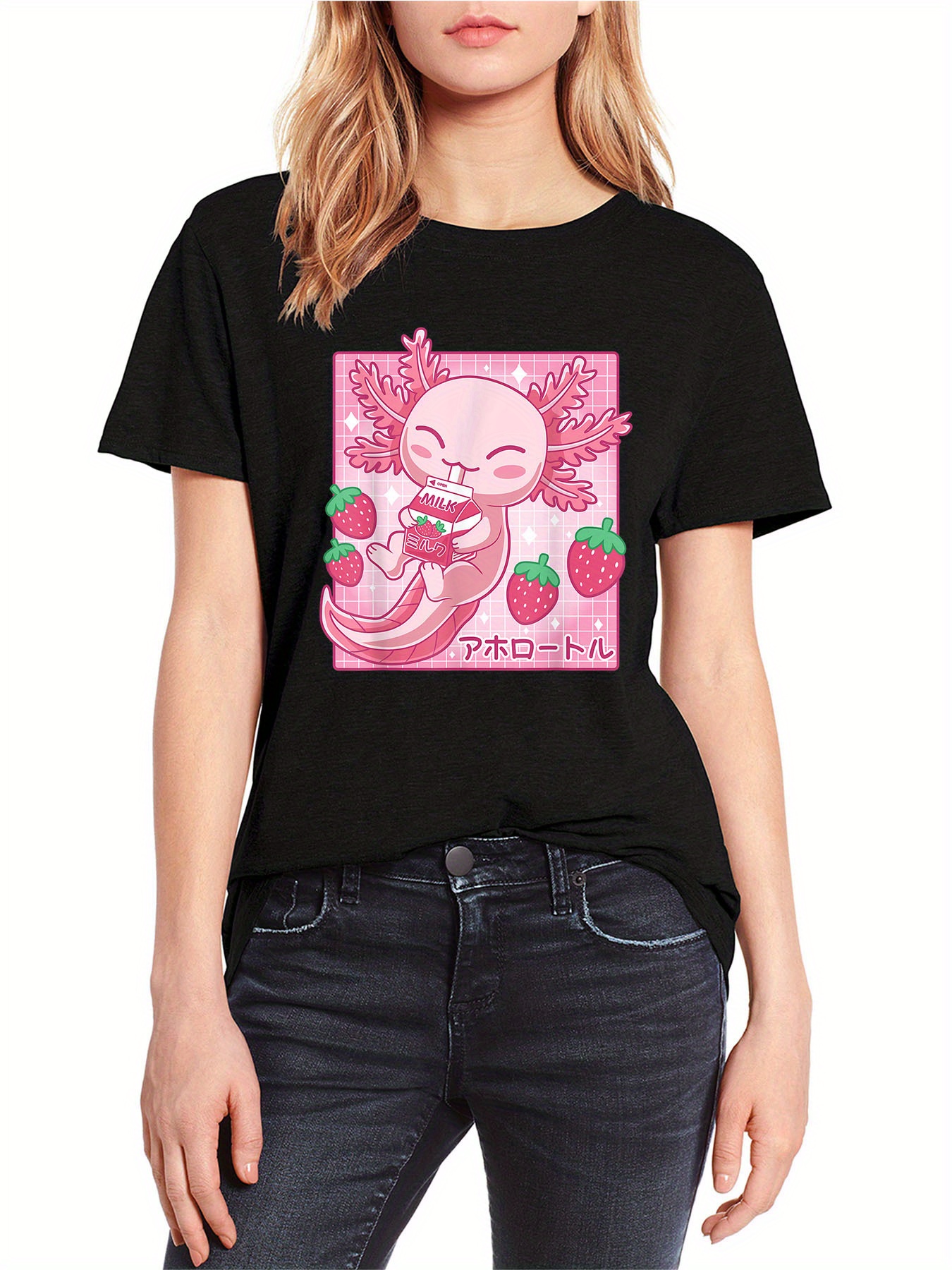 Camiseta de gola redonda com estampa de desenho animado Axolotl, camiseta  de manga curta Kawaii para primavera e verão, roupas femininas - Temu  Portugal