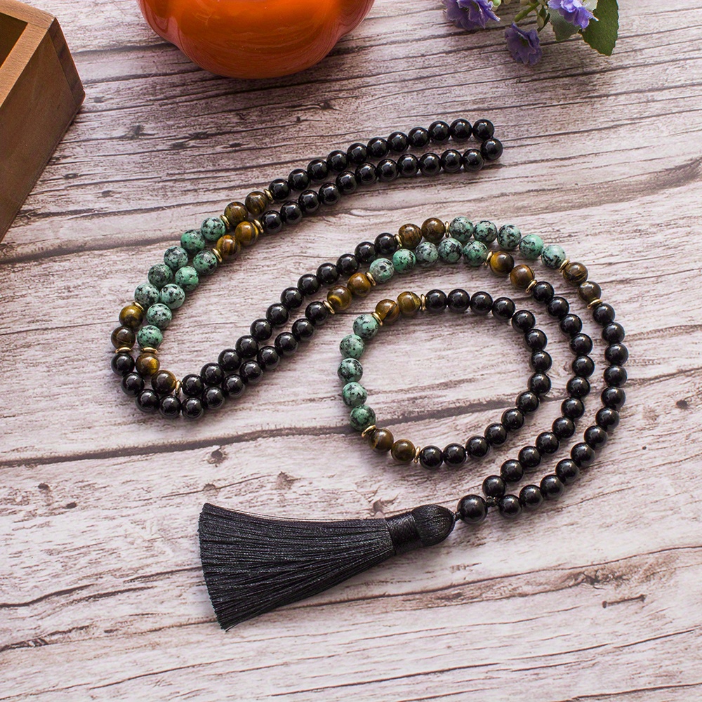 Boho Style 108 Mala Necklace Jewelry Set Natural Stone Beads with  Polyester Tassel, Elegant Long Necklace for Men, Bohemian Fashion  Accessory,