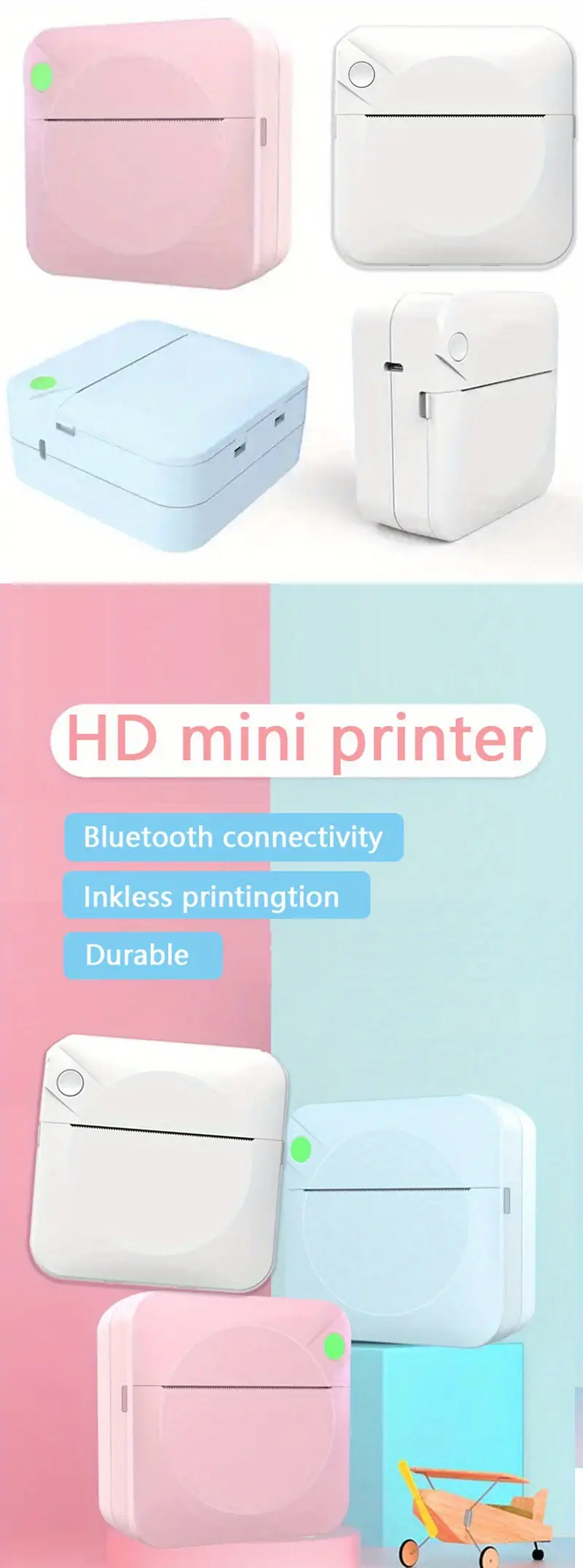 factory direct sales student mini printer bt mobile office staff ink free thermal printer print documents pictures labels materials connect mobile phone bluetooth download app android pink blue and white ink free pocket minicomputer details 1