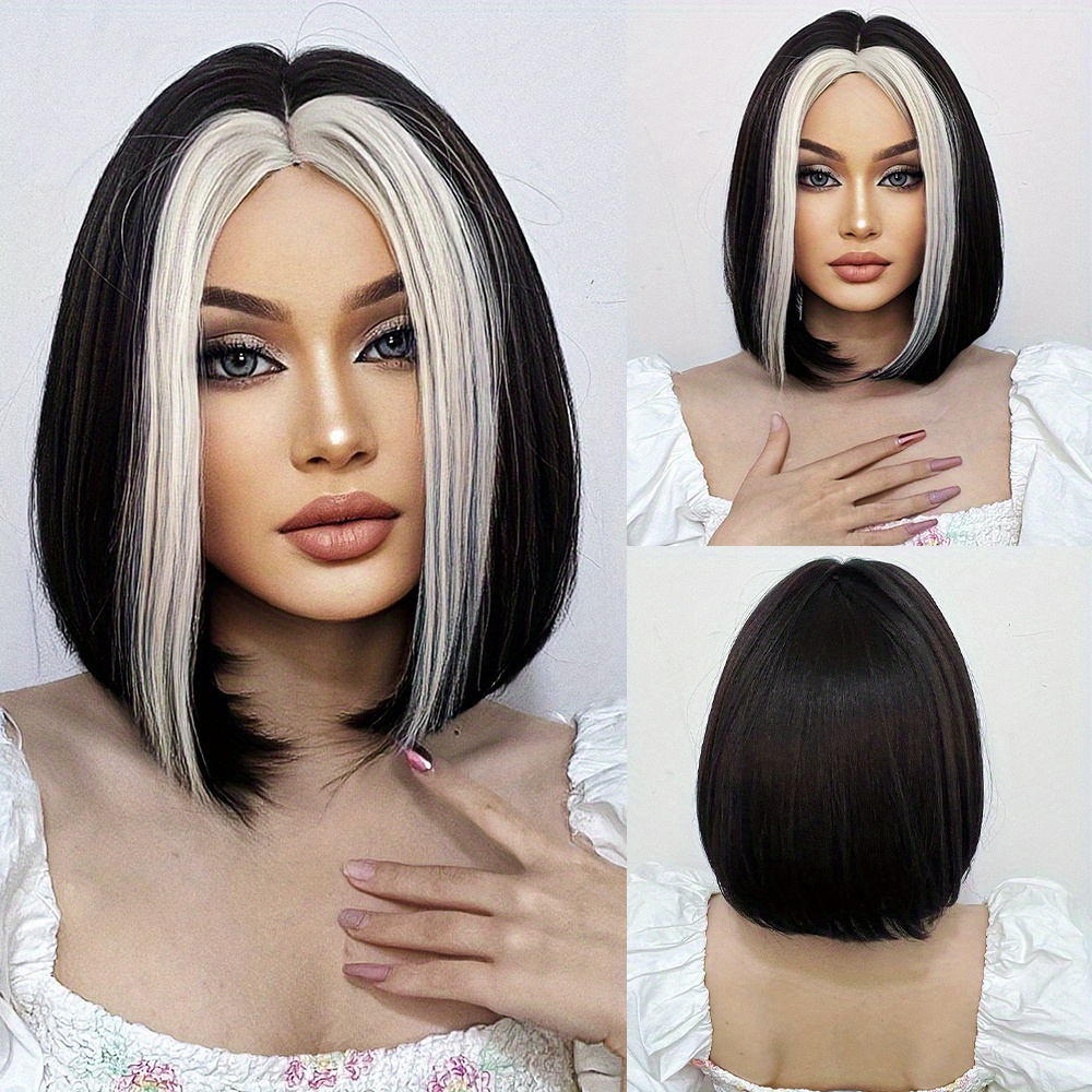 Stylish Short Straight Black Wig White Bangs Women Perfect Temu