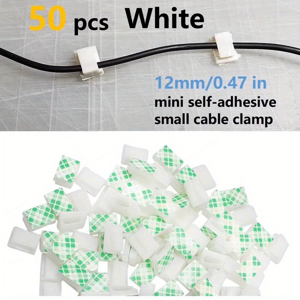 Image of 50 Mini Adhesive Cable Clamps, 0.47" - Durable Plastic Cord Organizers For Office & Home Cable Management, Ideal For Car Data, Mobile & Gps , Car Cable Organizers