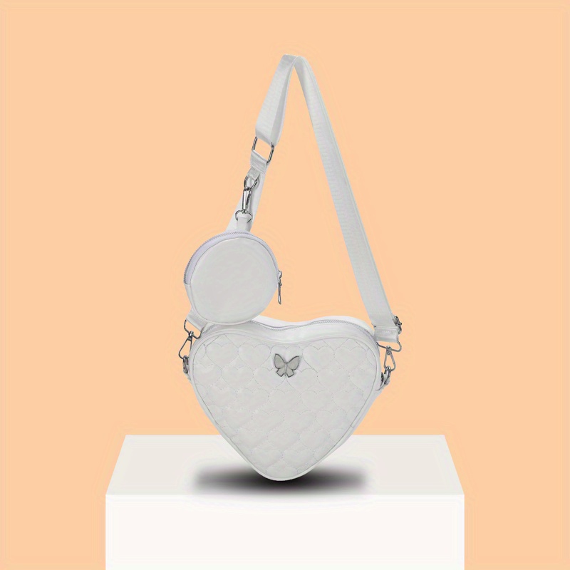 Heart Shaped Zipper Shoulder Bag, Solid Color Pu Leather Bag, Adjustable  Strap Crossbody Bag With Little Pouch - Temu