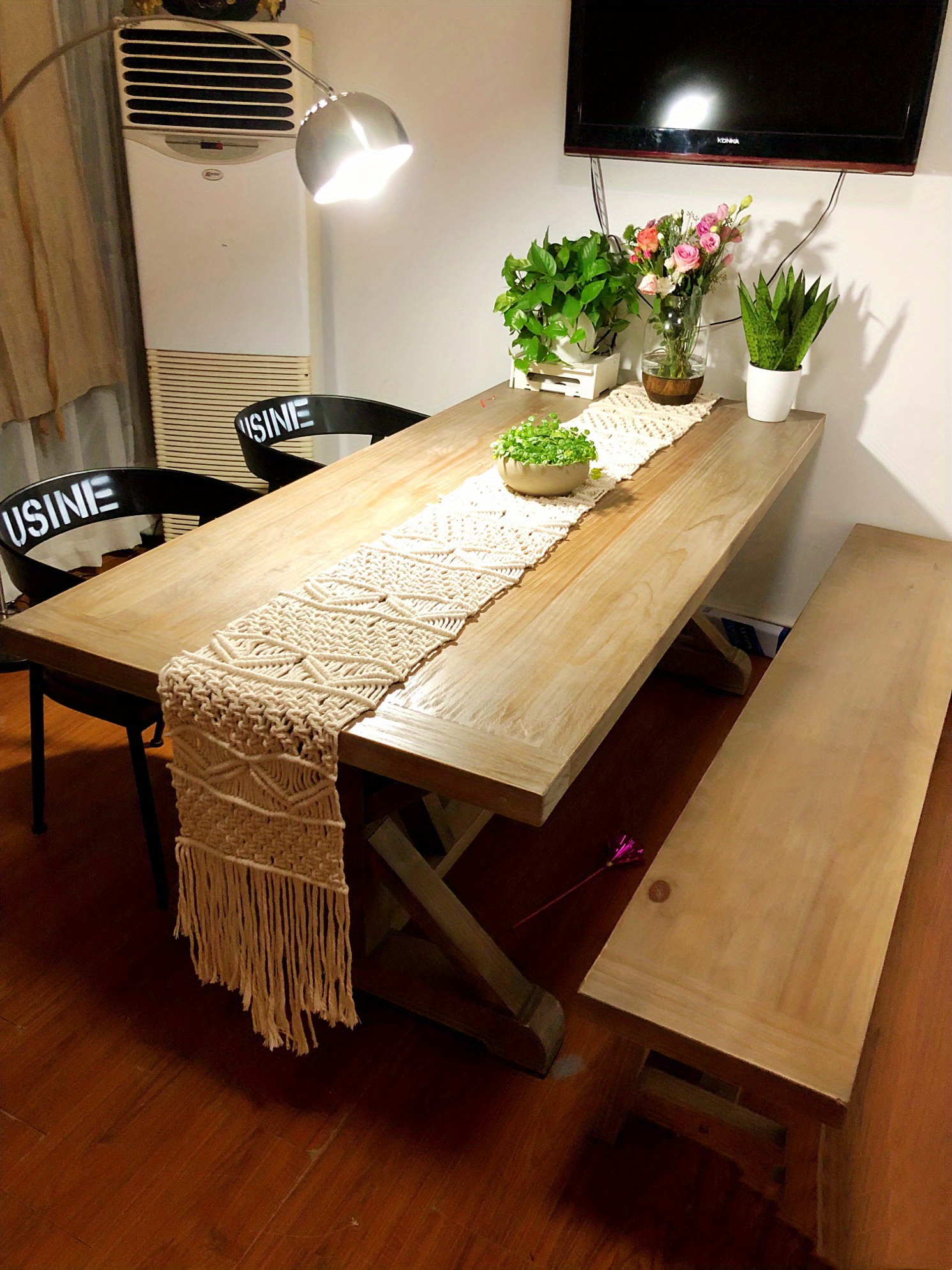 Camino de mesa bohemio para decoración del hogar, 72 pulgadas de largo,  camino de mesa rústico de granja, camino de mesa de macramé crema y marrón  con