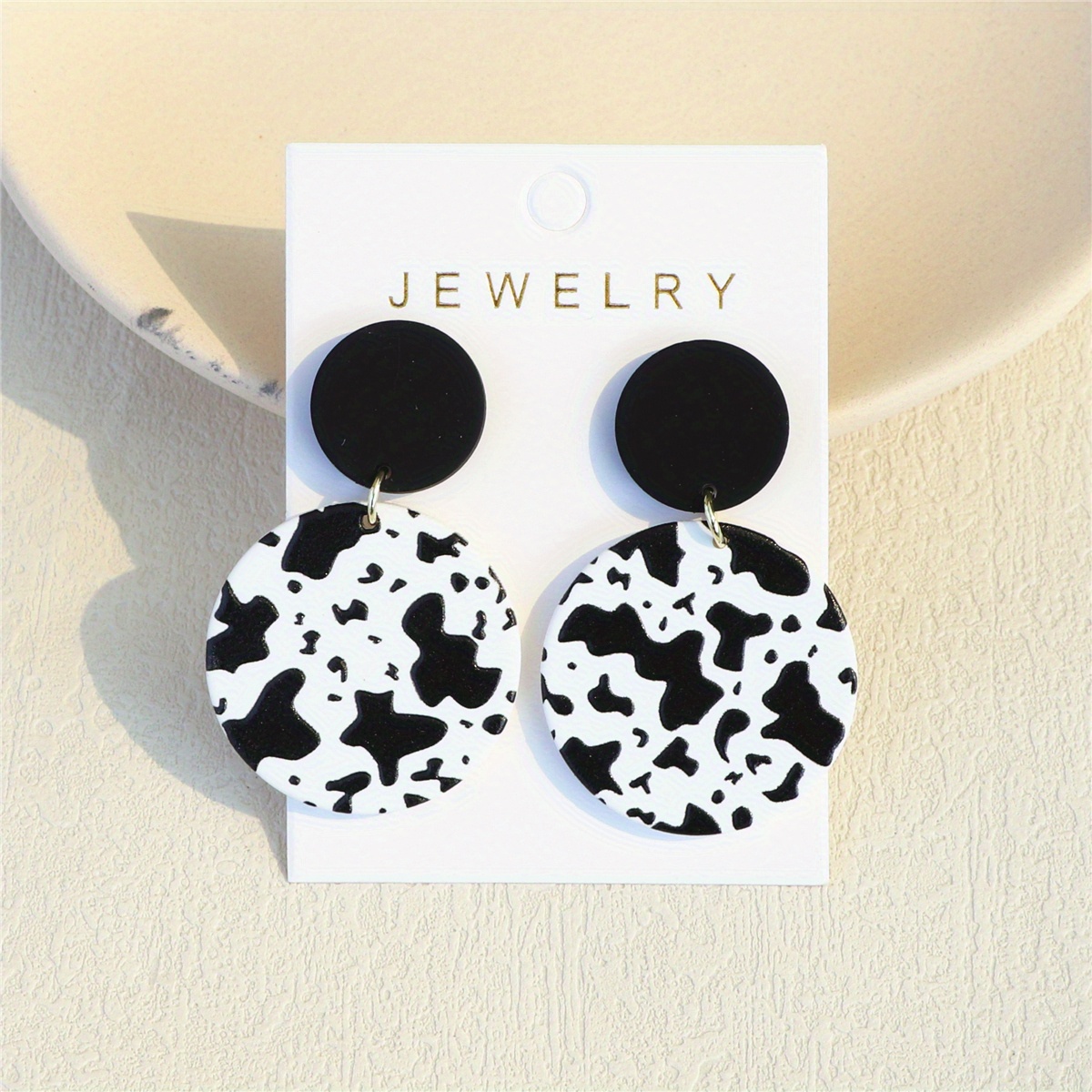 Cute Cow Pattern Round Dangle Earrings Retro Bohemian Style Acrylic Jewelry Delicate Gift For Women Daily Casual