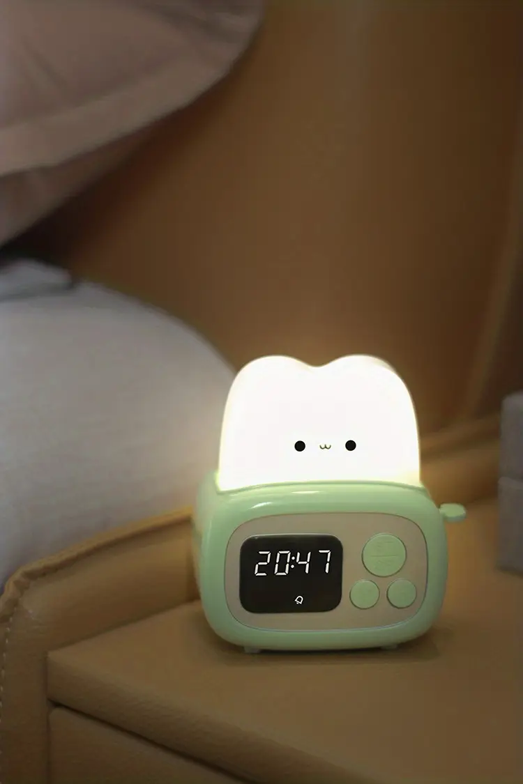 modern freestanding bedside alarm clock night light adjustable soft light usb rechargeable lithium battery button control plastic shade for bedroom tabletop use Product details 2