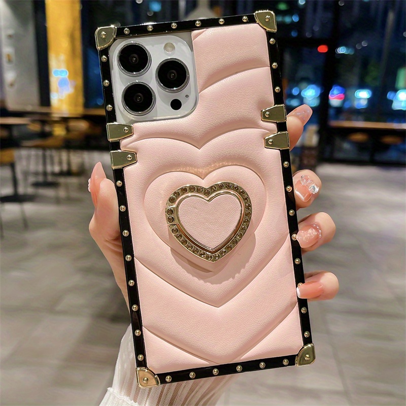 3D Love Heart Ring Holder Funda De Cuero Cuadrada Para IPhone 14 13 12 11 Pro  Max Plus - Temu