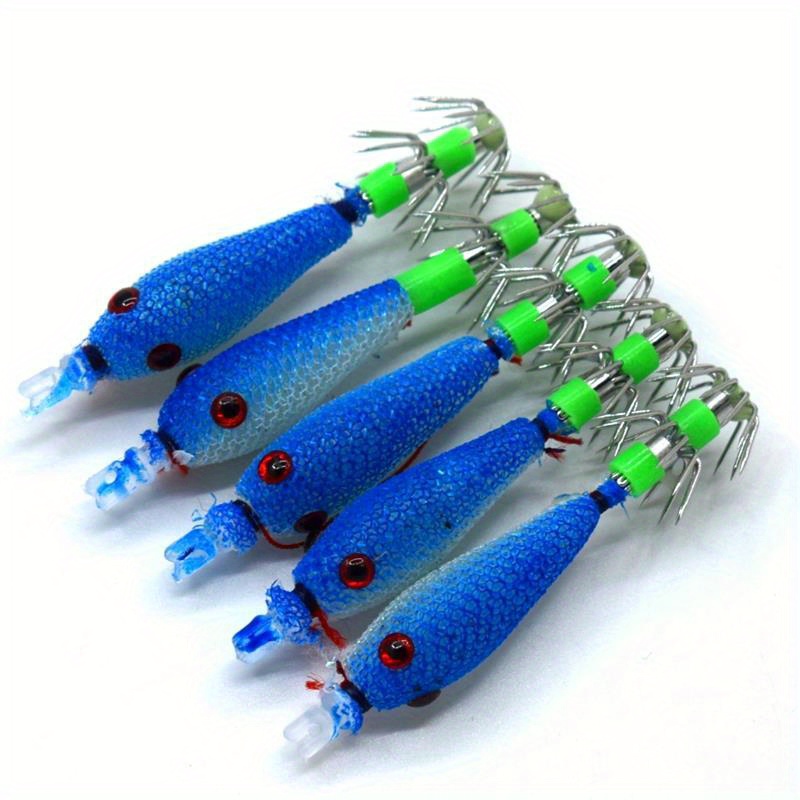 Pilipane 5 señuelos de pesca de calamar de simulación, anzuelos de cebo  falsos duros de calamar artificial, equipo de pesca de doble gancho (azul)