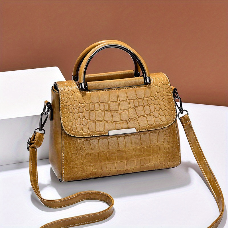 Elegant Crocodile Embossed Crossbody Bag, Classic Satchel Bag