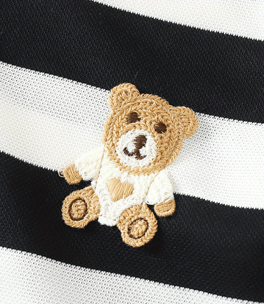 2pcs Boys Fashion Black And White Striped Breathable Short Sleeve Round Neck Shirt With Cartoon Bear Patch & Shorts Set For Summer Daily & Outdoor Wear