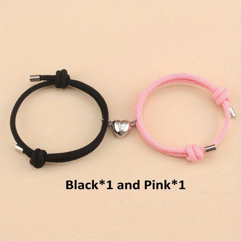 AJS 2pcs Couple Black & Pink Beaded Bracelets For Couples Adjustable Wrist  band Bracelets (PackOf-2)