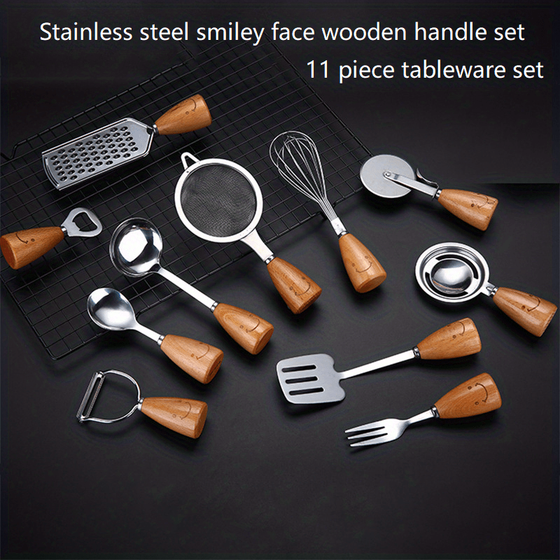 12 pieces/set of simple wooden handle multi-purpose kitchen tools suitable  for non stick cookware, including spatulas, spoons, storage buckets, etc
