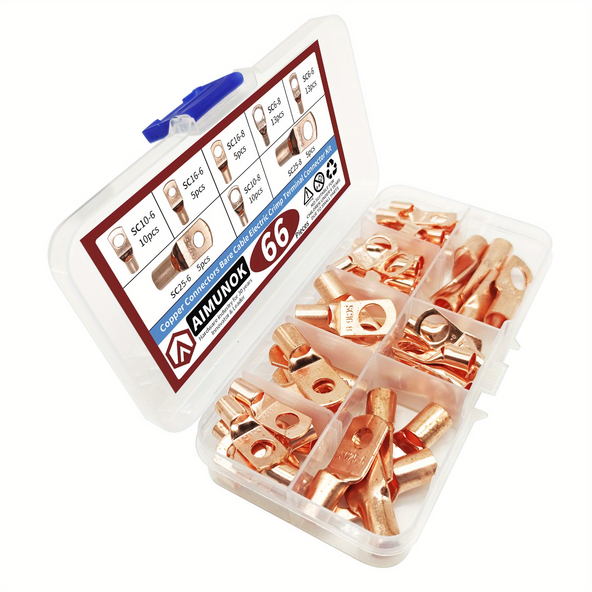 66pcs Copper Battery Cable Ends 8 Sizes Battery Wire Lugs Eyelets