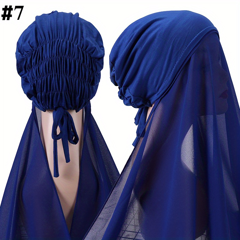 Lace Elastic Shirred With Snap Button Ninja Instant Hijab Practical  Scarf-Navy Blue