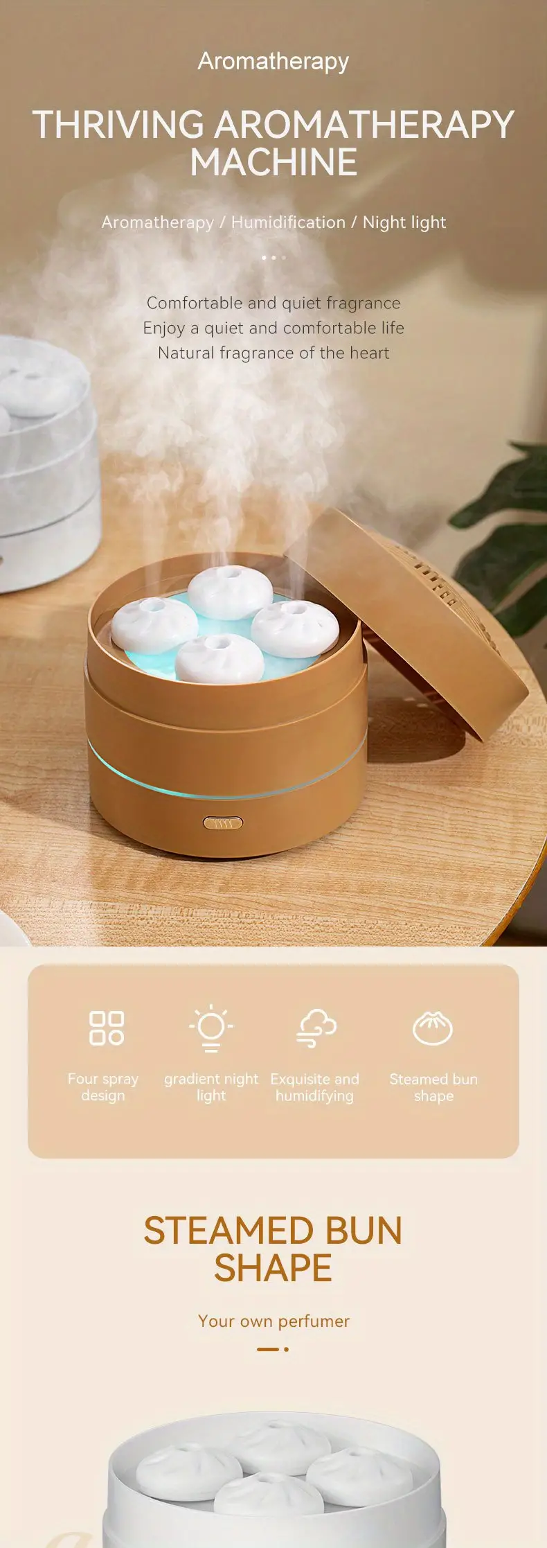 1pc unique four spray design steaming bun aroma diffuser 200ml usb ultrasonic air humidifier led night light  oil diffuser aromatherapy diffuser for home office details 0