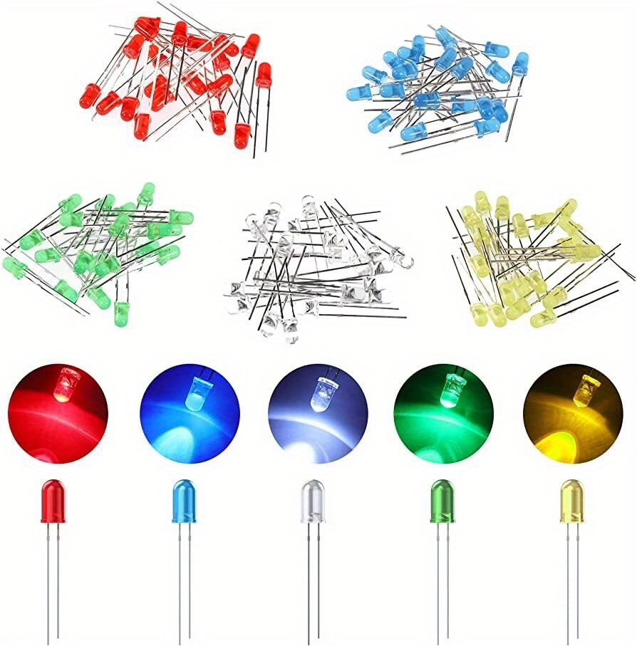 100pcs 3mm led various led light combination 2 pins color white red yellow green blue bulb electronic component led parts round dc 2v 20ma diy science project electronic component lighting kit details 0