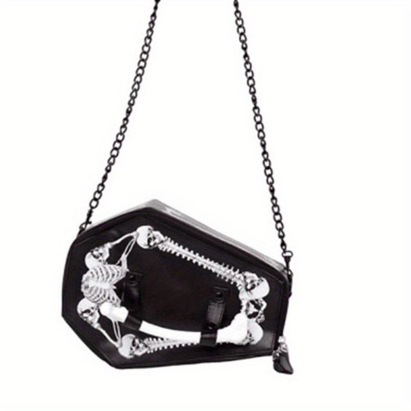 B/W Gothic Skeleton Messenger Bag Bones Coffin Shoulder/Crossbody