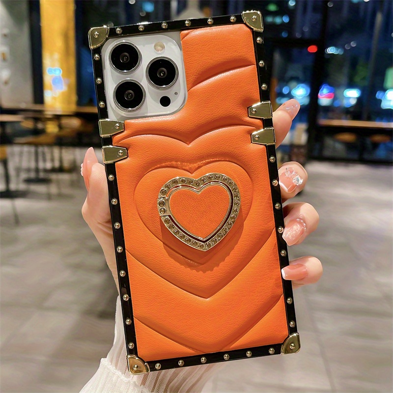 3D Love Heart Ring Holder Funda De Cuero Cuadrada Para IPhone 14