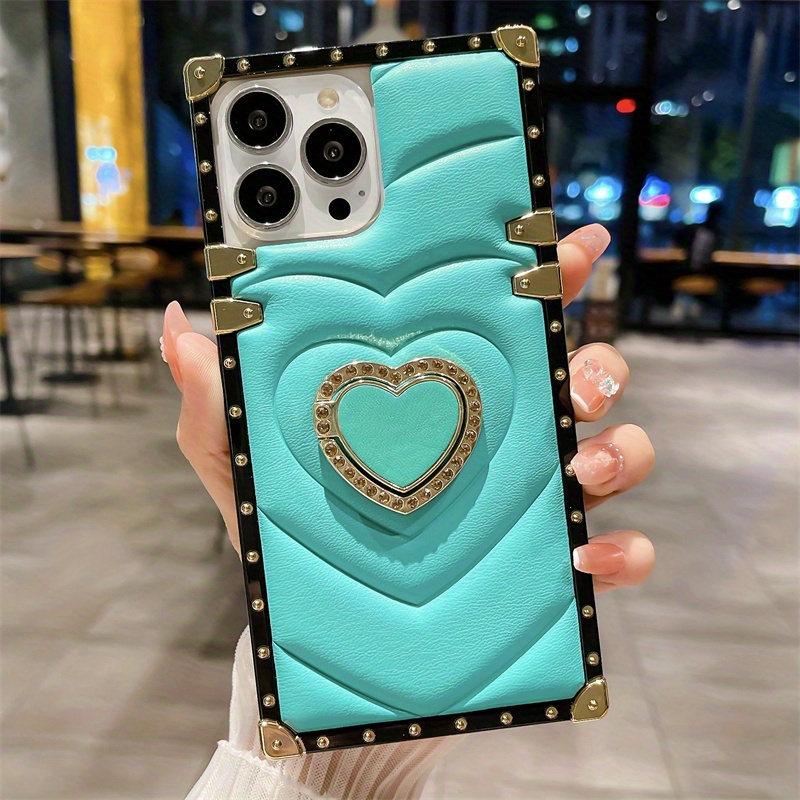 3D Love Heart Ring Holder Funda De Cuero Cuadrada Para IPhone 14