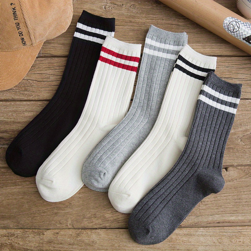 Stripe Knit Mid Calf Socks, Fashionable Sweat Absorption Crew Socks For ...