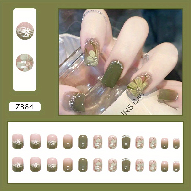 TEMU Elegant Green Tea Flower Nail Decals With Pearl And Diamond Accents - Perfect For A Sophisticated Look