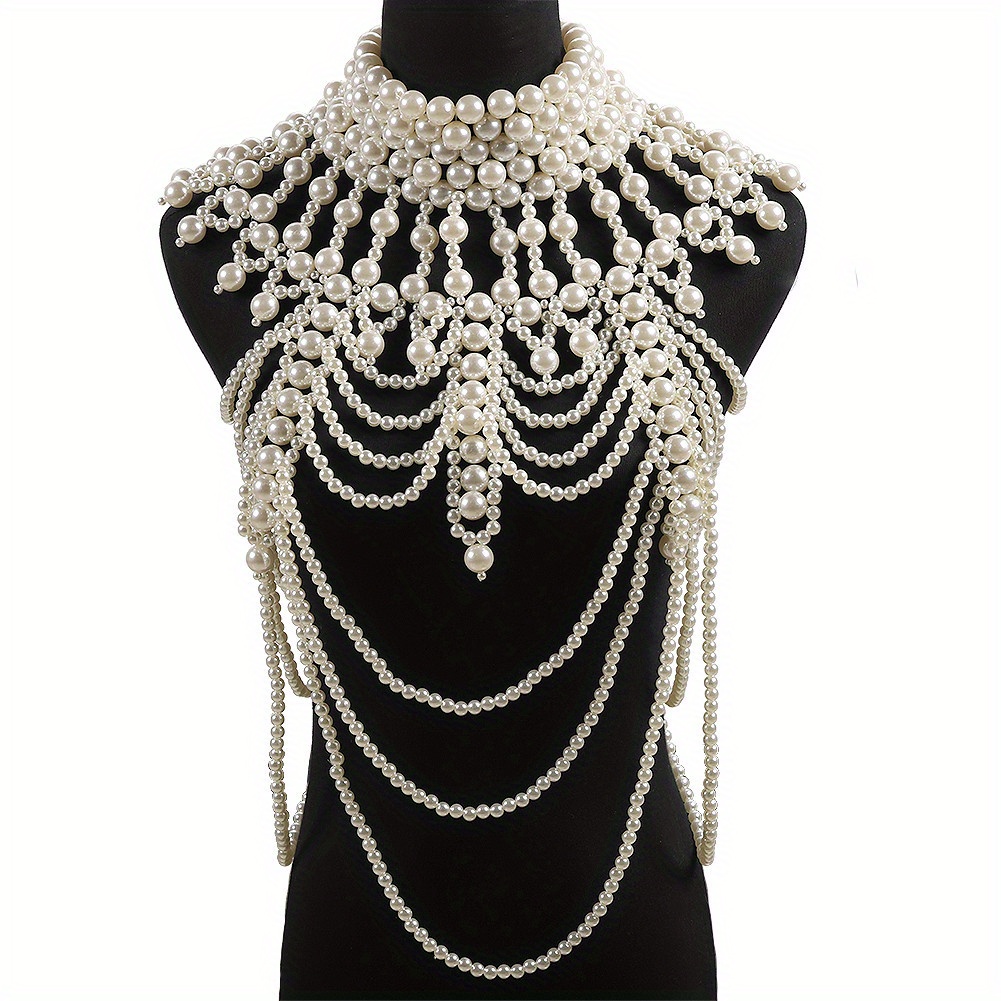 vintage exaggerated heavy duty handmade faux pearl body chain for women details 1