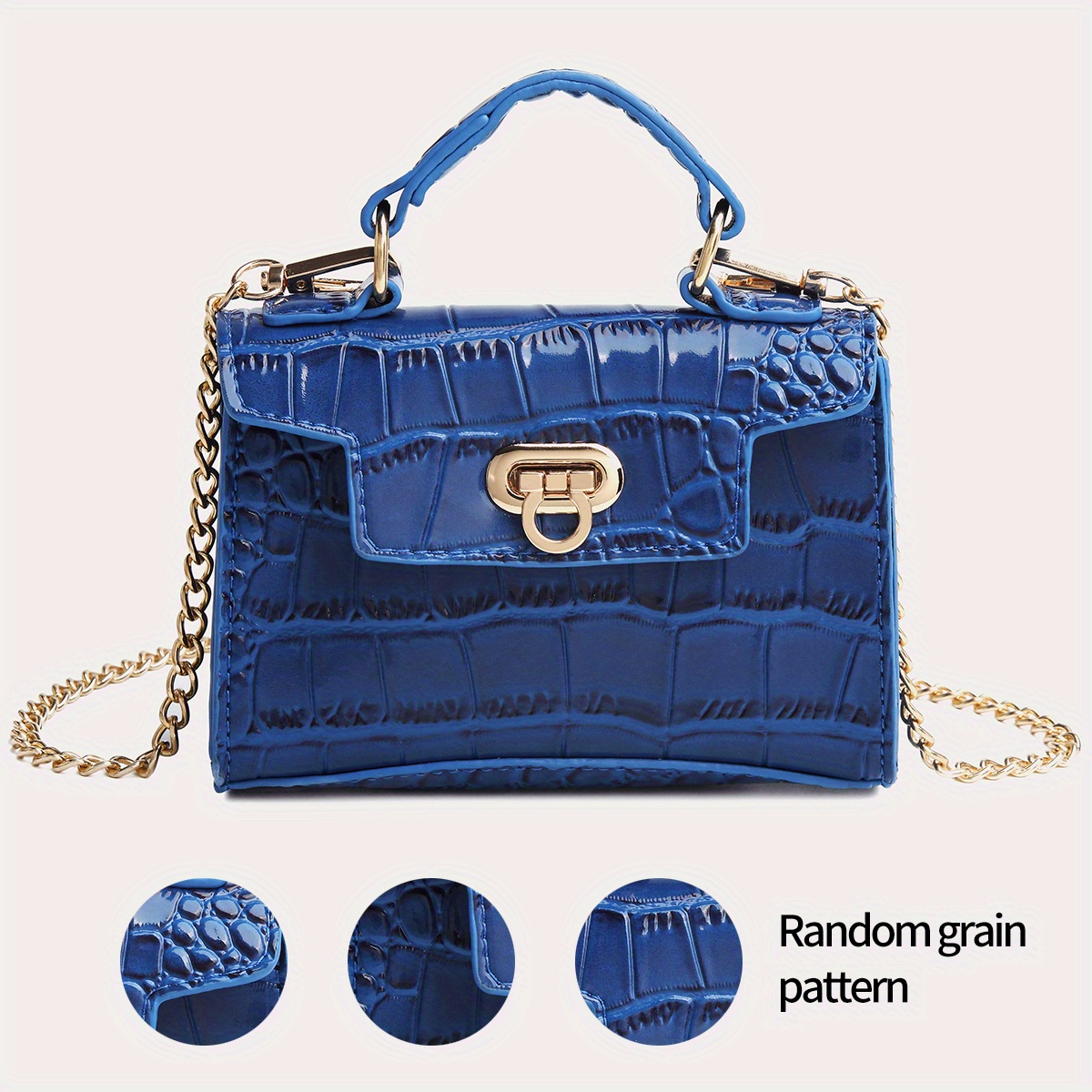 Chain Decoration Grid Pattern Plaid Crocodile Embossed Solid Color Fashion Shoulder Bag with Embroidery Thread, Large Capacity Coin Purse,one-size