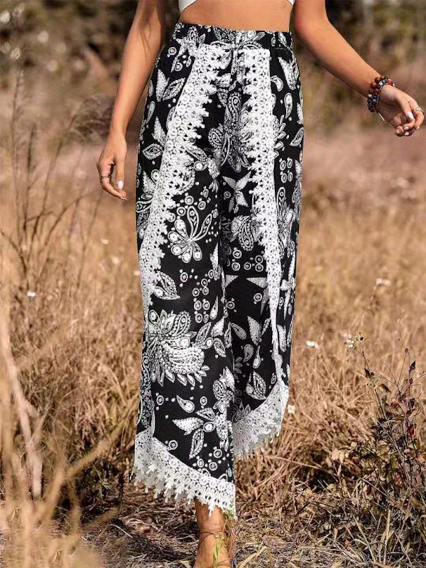 Boho Paisley Print Tassels Hem Pants Flowy Wide Leg Palazzo Temu