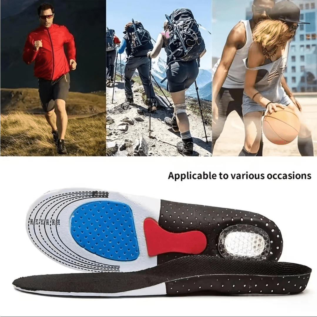 1 Pair Breathable Silicone Shock-Absorbing Insoles - Comfortable & Sporty, Black with Red Arch Support, Size 33-48, Ideal for Enhanced Foot Stability