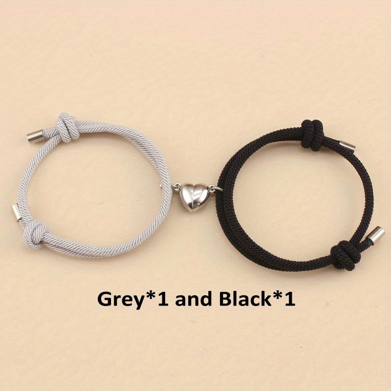 2Pcs/Set Magnetic Heart Charm Braided Rope Adjustable Bracelets for Couples, Holiday Birthday Gift for Boyfriends / Girlfriends,Temu