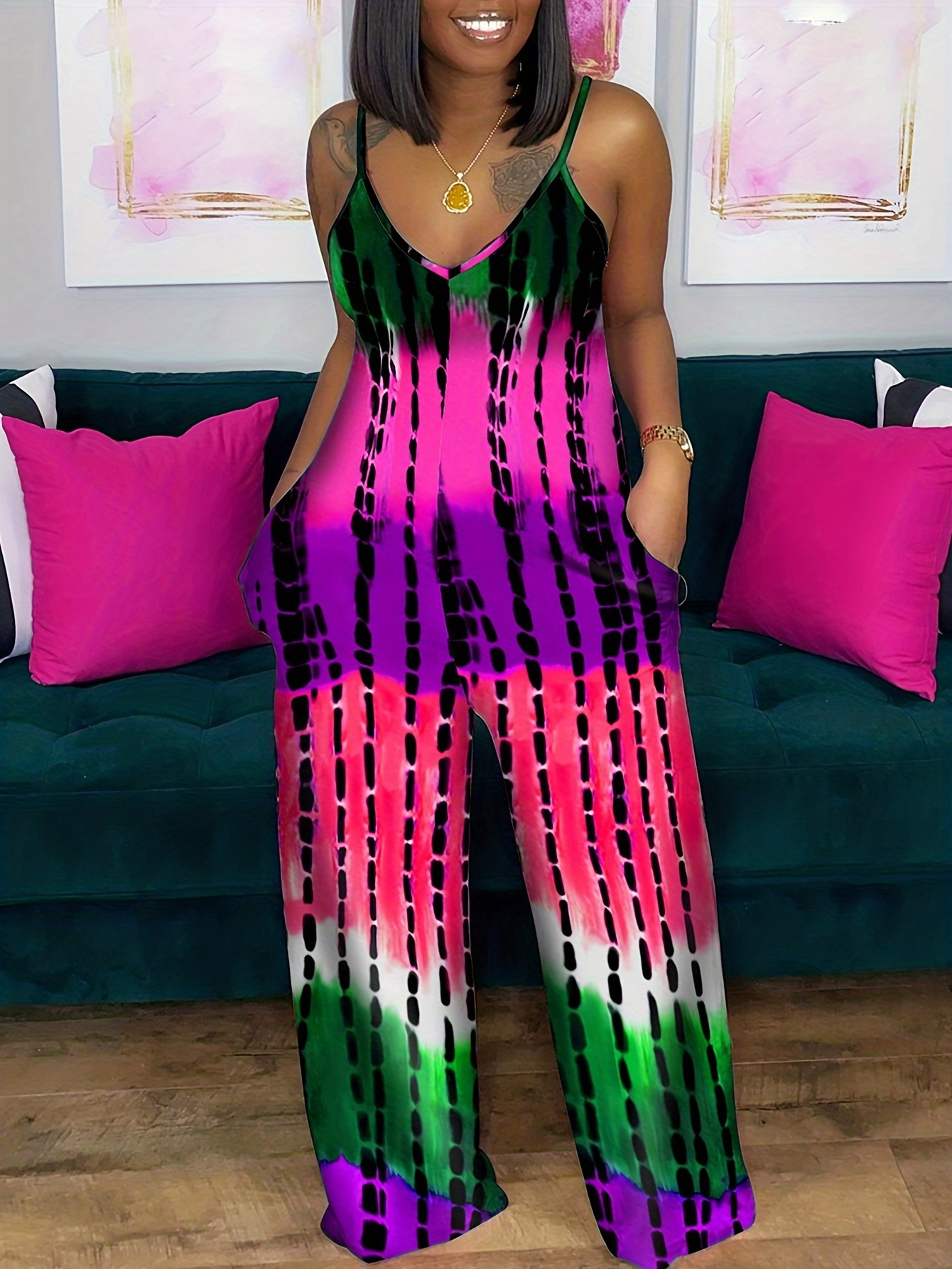 Color Block Wide Leg Cami Jumpsuit Boho Tie Dye Jumpsuit Temu