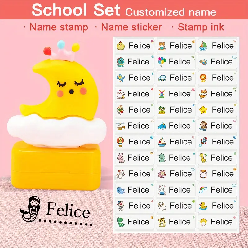School Set( Yellow Moon Shape Stamp And Stickers)custom Name - Temu