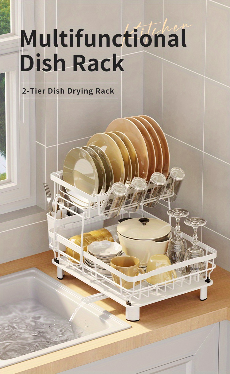 Estante para secar platos de 2 niveles, escurridor de platos