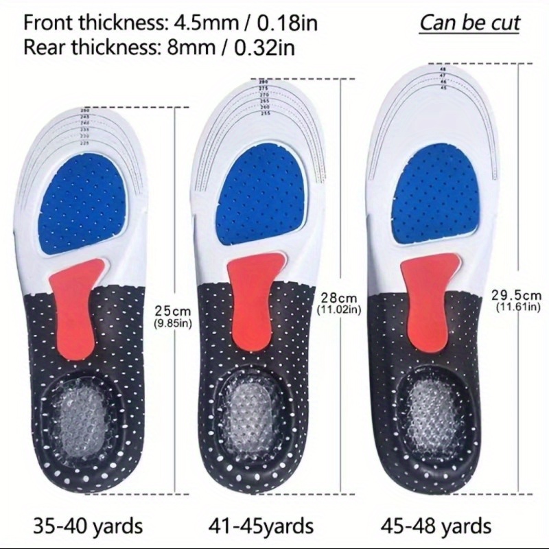 1 Pair Breathable Silicone Shock-Absorbing Insoles - Comfortable & Sporty, Black with Red Arch Support, Size 33-48, Ideal for Enhanced Foot Stability