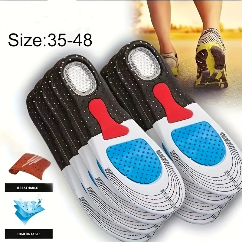 1 Pair Breathable Silicone Shock-Absorbing Insoles - Comfortable & Sporty, Black with Red Arch Support, Size 33-48, Ideal for Enhanced Foot Stability