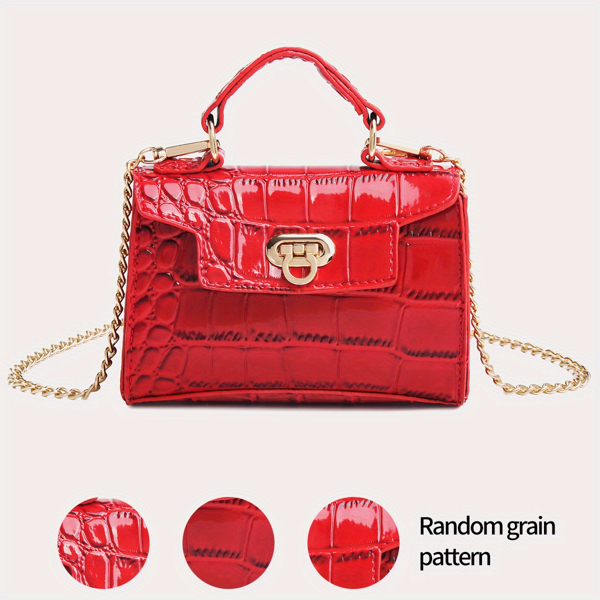 Chain Decoration Grid Pattern Plaid Crocodile Embossed Solid Color Fashion Shoulder Bag with Embroidery Thread, Large Capacity Coin Purse,one-size