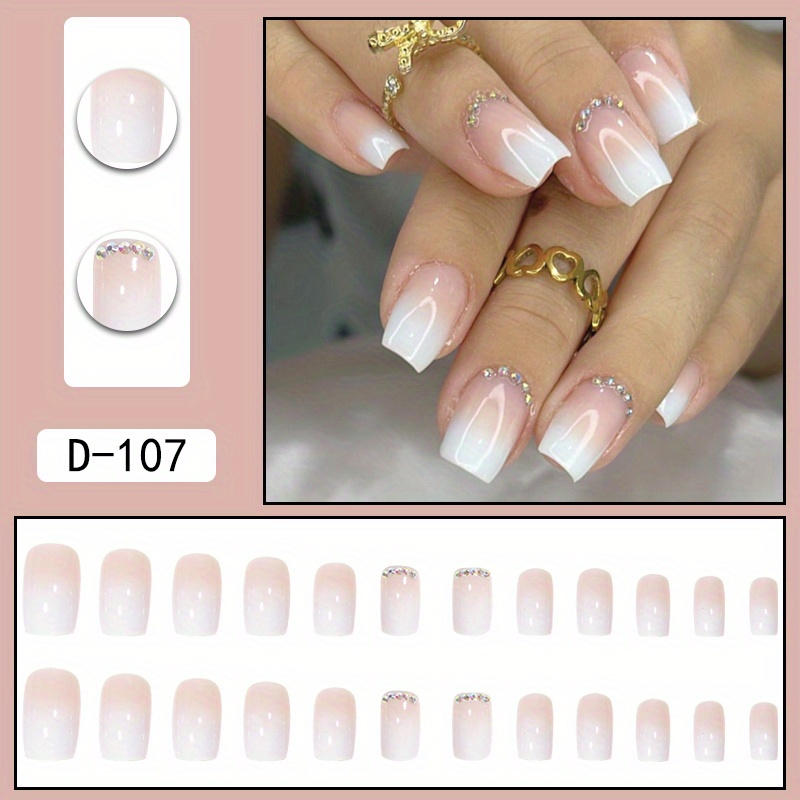 Gradient White Fake Nails, Short Square Press On Nails With Rhinestone Design, Glossy Full Cover