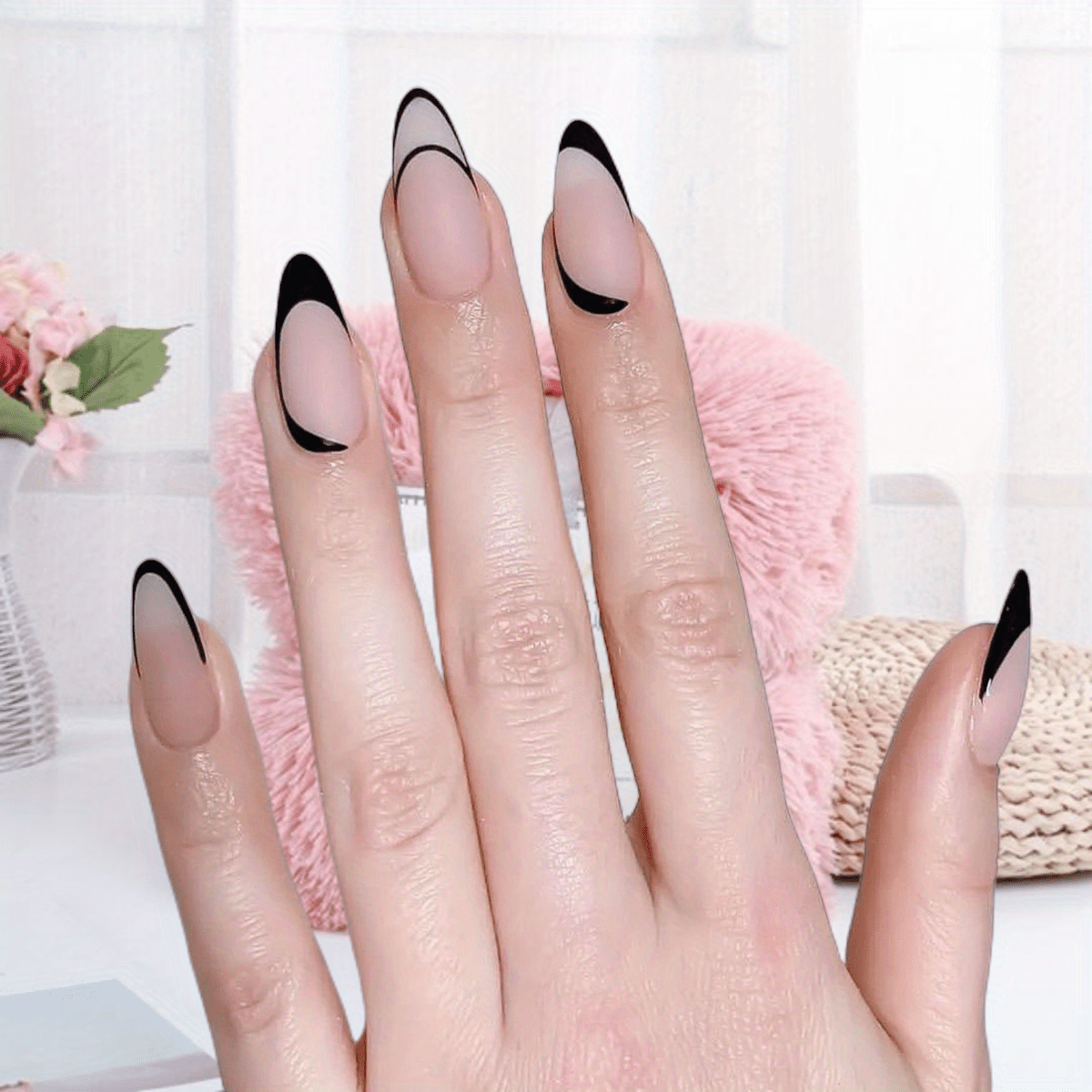 Glossy Black French Tip Nails Nude Almond Swirl Design Temu United