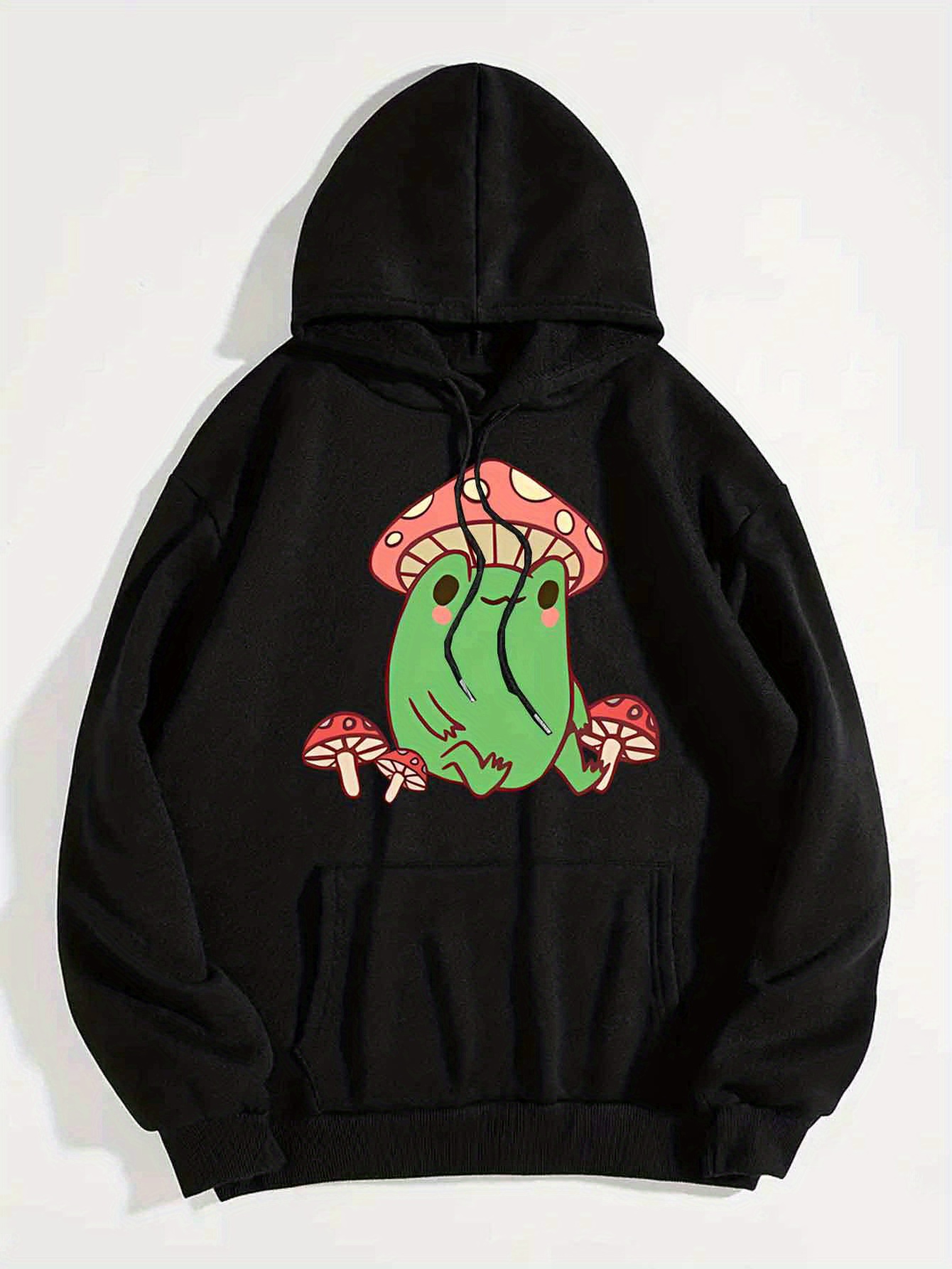 Mushroom Frog Print Hoodie Long Sleeve Loose Drawstring - Temu