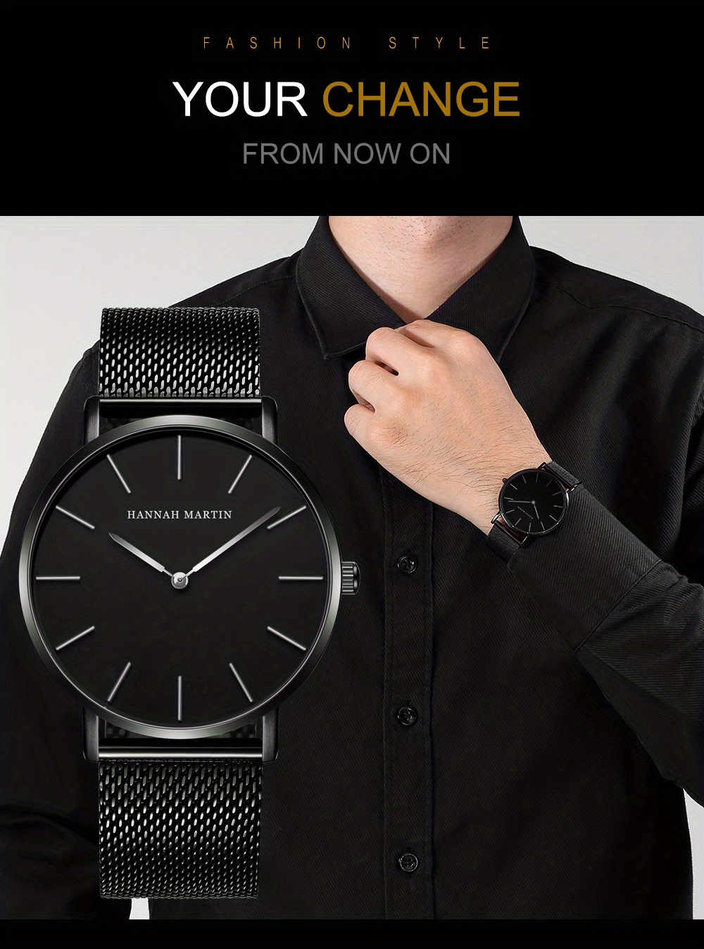 Montre Pour Hommes À La Mode, Mouvement Japonais Mince, Étanche, Montre À Quartz Noire Temu France