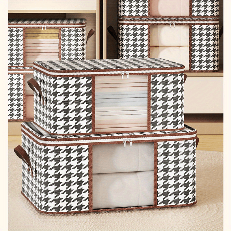 

2 Pcs Houndstooth Pattern Storage Bags With Clear Windows, 75l Capacity, Lightweight, Foldable, And Suitable For Travel And Home Organization