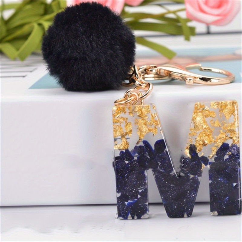 1Pc Black Pompom Letter Keychain English Alphabet Keyring Glitter