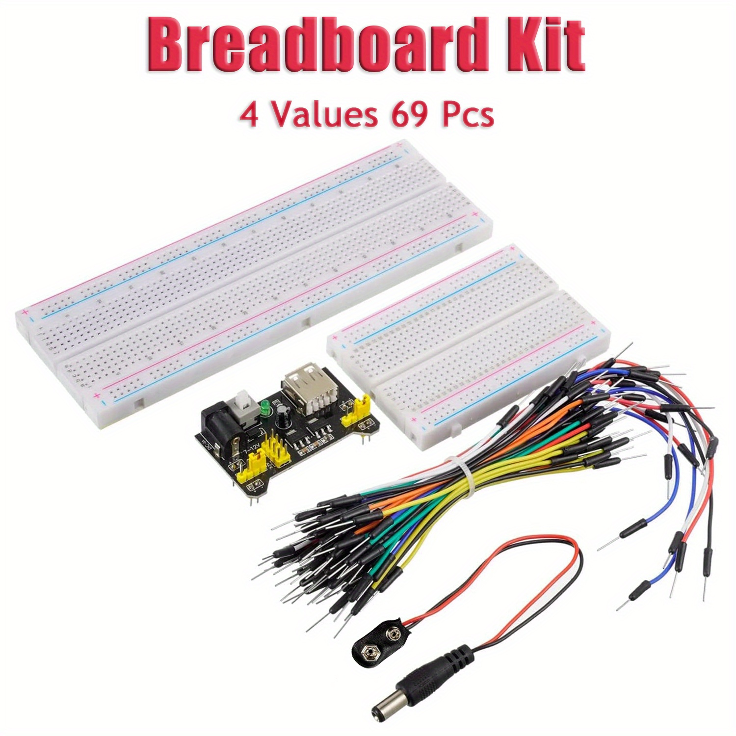 Breadboard Kit with Power Supply Module 2pcs 830 Point 2pcs 400 Point  Solderless Breadboards 130pcs Flexible Jumper Wires 2pcs 9V Battery Clip