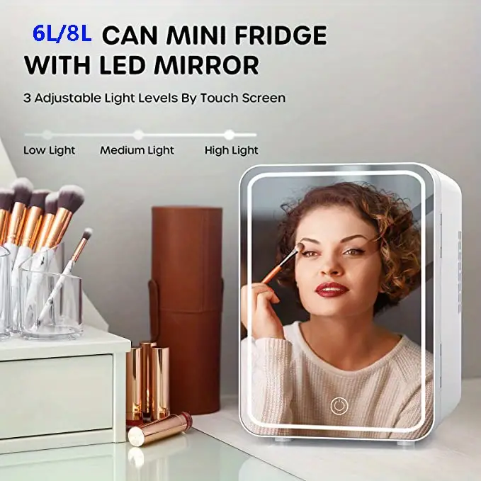 1pc mini mirror refrigerator 6l 8l can mini fridge with 3 adjustable light led mirror for skin care cosmetic makeup car and household dual use beauty refrigerator details 9