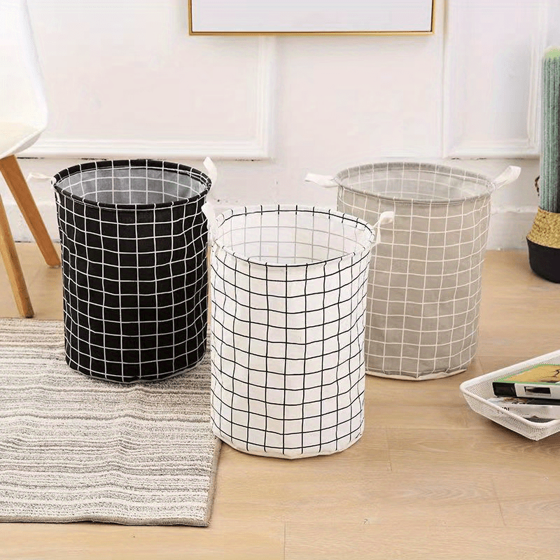1pc Foldable Round Laundry Basket With Grid Pattern For Clothes And  Miscellaneous Storage