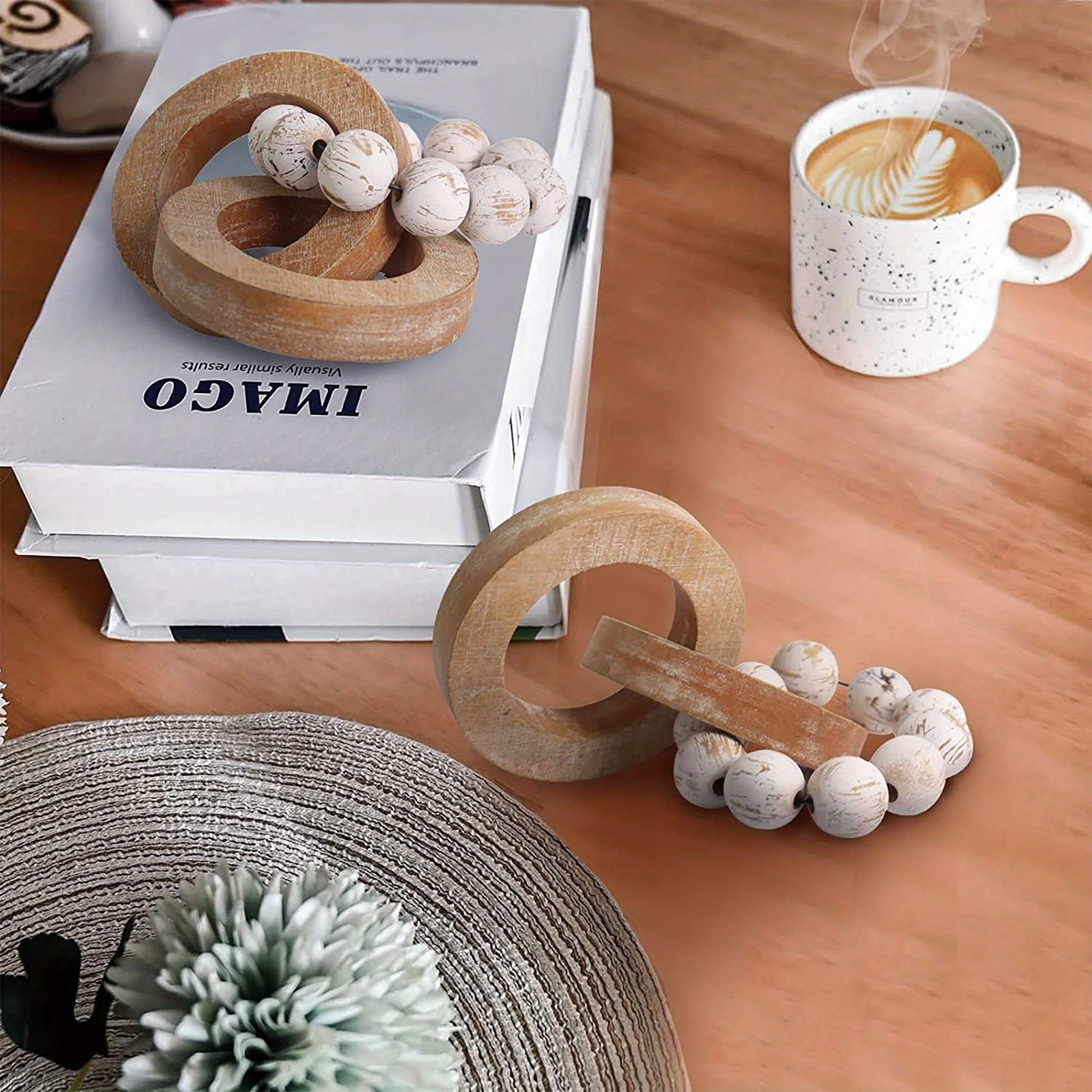 Decorative Wood Chain Link and Bead Garland Set | Coffee Table Decor | Modern Farmhouse Decor Set | Bookshelf Decor | Boho Decorations for Living
