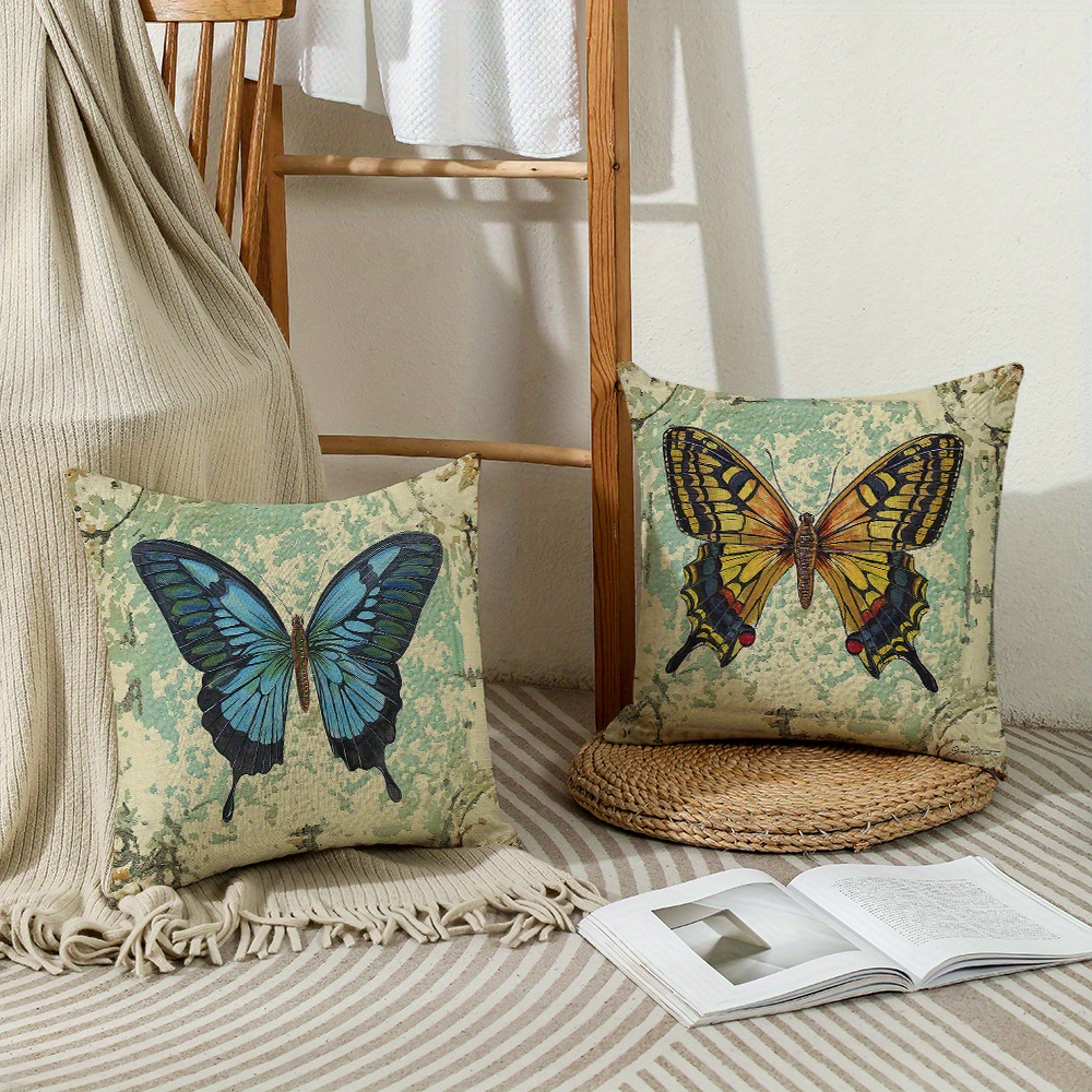 Butterfly Pattern Throw Pillow Cover Vintage Style Linen - Temu Canada