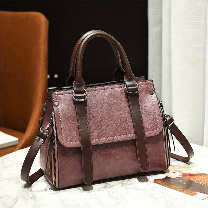 Two Tone PU Leather Durable Shoulder Bag, Magnet Zipper Portable Double Handle Tote Handbag, Large Capacity Shopping Crossbody Bag,Temu