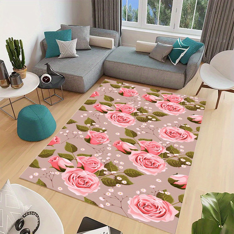 Alfombra rosa para decoración del hogar, alfombra floral rosa para sala de  estar, dormitorio, alfombra de área floral de 3 x 4, lavable